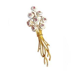 Vintage Mamselle Gold and White Rose flower Brooch with Pink Accents